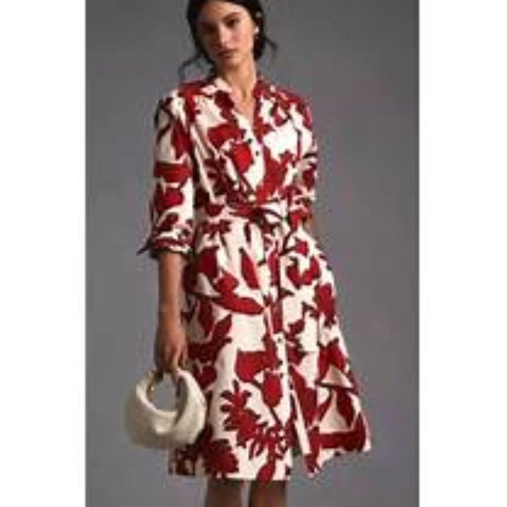 ANTHROPOLOGIE | Maeve Red Floral Printed Shirt Dress M - Picture 2 of 6